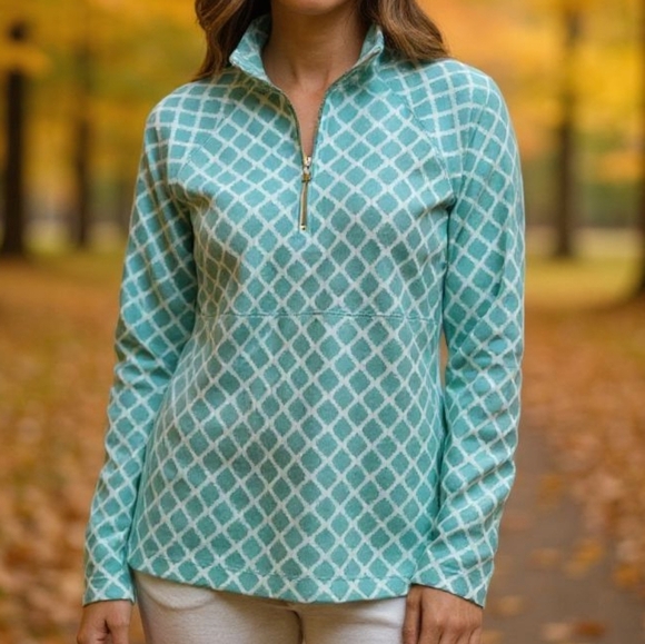 Pappagallo - NWT, Turquoise & White Diamond Print, Long Sleeve Pullover Warm-up - Picture 11 of 11